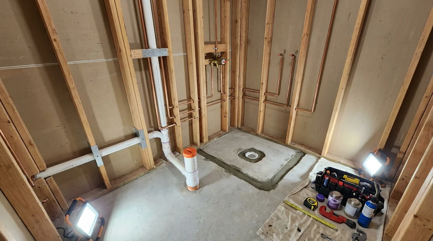 Bathroom rough-in plumbing during remodel by Johns Plumbing LLC in Bay Saint Louis