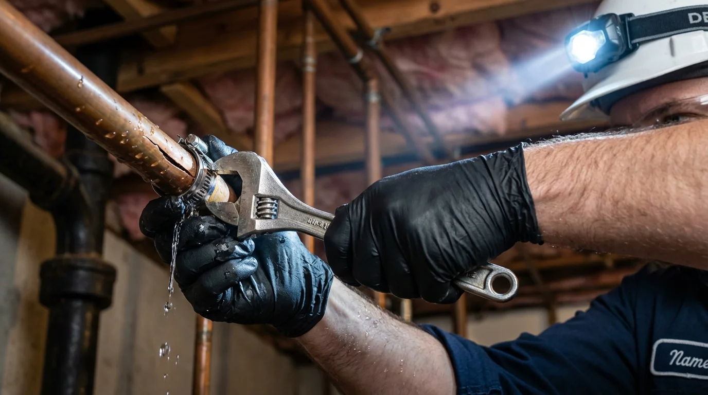 Emergency pipe clamp repair being performed by a Johns Plumbing LLC plumber in Bay Saint Louis