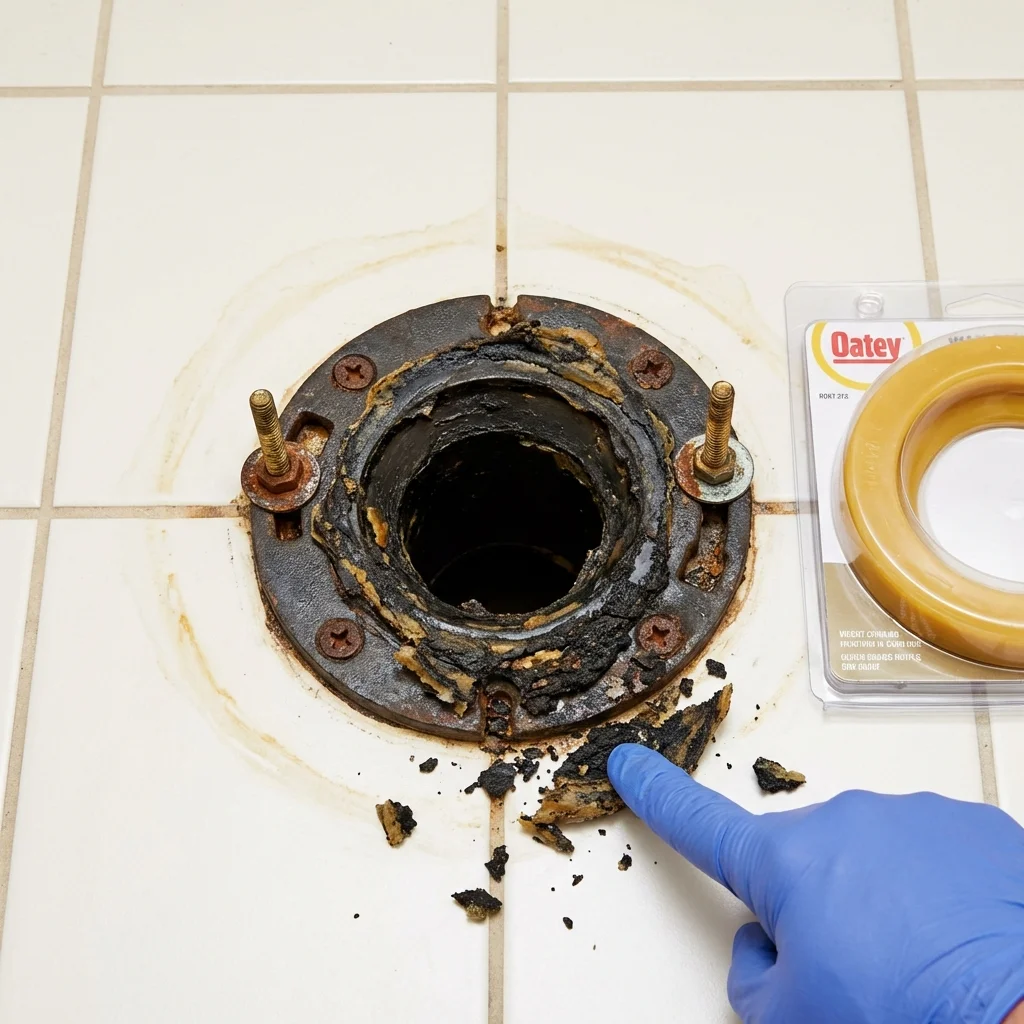 Failed wax ring showing water seepage at the base of a toilet in a Bay Saint Louis, MS home