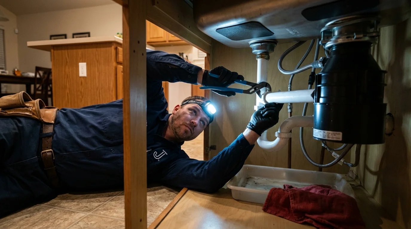 P-trap and supply line connections under a kitchen sink showing a common leak point in Bay Saint Louis, MS